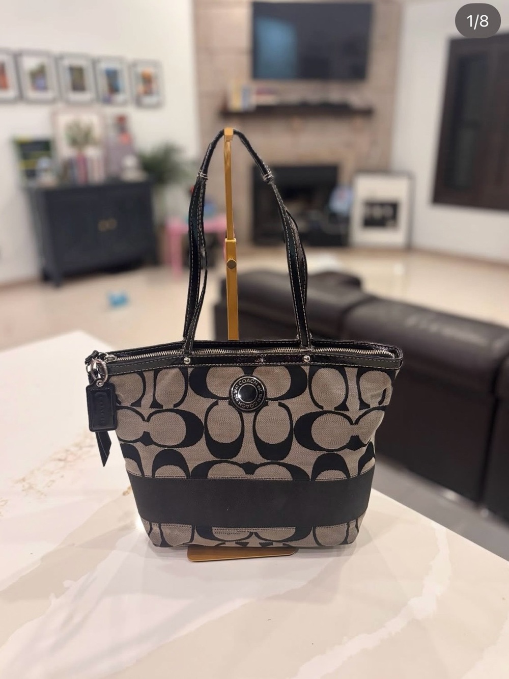 Coach Black and Khaki Signature Canvas Tote